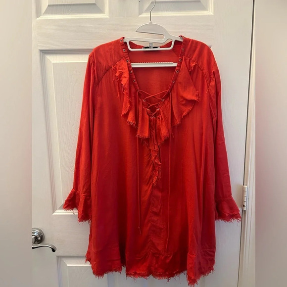 IRO Florine Poppy Red Tie Up Front Raw Hem Mini Dress - Picture 2 of 6